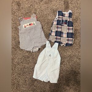 Baby Boys Nautical Stripe & Plaid Romper Set - Blue, Navy, Red